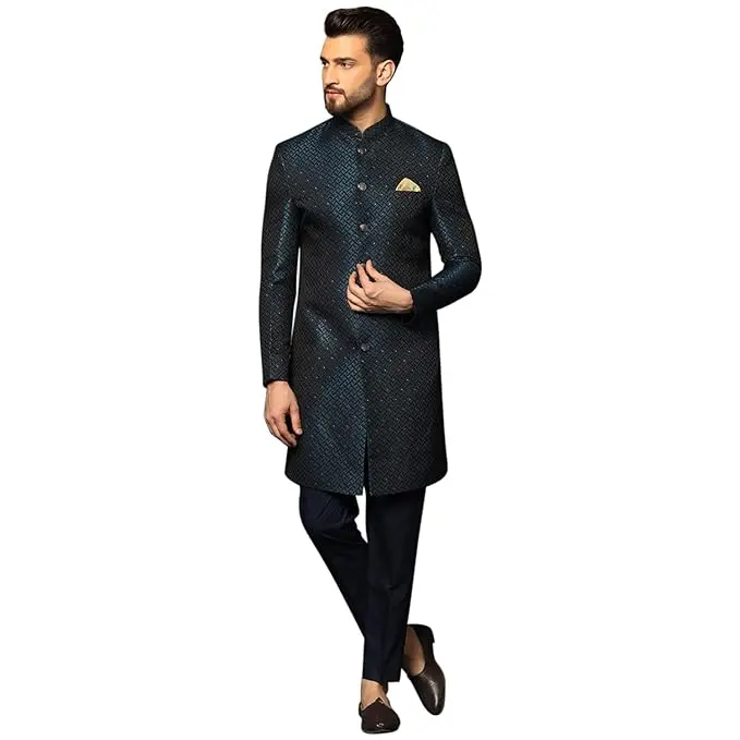 Men's Royal Blue Indo-Western Sherwani Trousers Set, Cotton Full Sleaves, Knee Length, Straight, Regular Fit, Mandarin Collar Ethnic wear