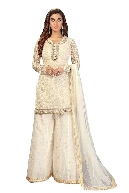 Women's Cotton Embroidery Salwar Suit Set Kurta Sharara with Dupatta Kurta Palazzo Set Stitched